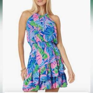 Lilly Pulitzer Vibrant Pink and Blue Halter Dress